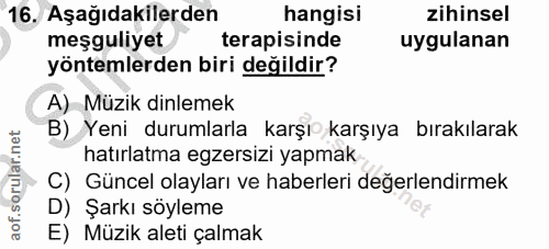 16. soru: Aşağıdakilerden hangisi zihinsel meşguliyet terapisinde uygulanan yöntemlerden biri değildir? A) Müzik dinlemek B) Ye…
