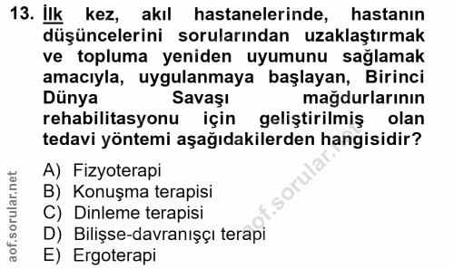 13. soru: Ilk kez, akıl hastanelerinde, hastanın düşüncelerini sorularından uzaklaştırmak ve topluma yeniden uyumunu sağlamak a…