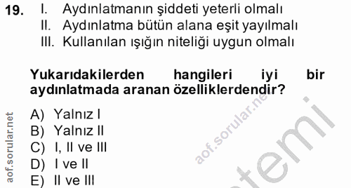 19. soru: I. Aydınlatmanın şiddeti yeterli olmalı Il. Aydınlatma bütün alana eşit yayılmalı III. Kullanılan ışığın niteliği uyg…