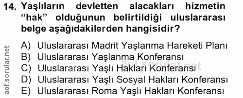 14. soru: Yaşlıların devletten alacakları hizmetin "hak" olduğunun belirtildiği uluslararası belge aşağıdakilerden hangisidir?…
