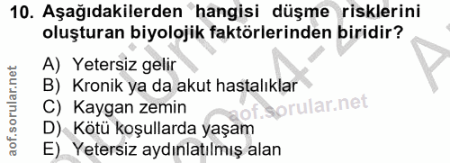10. soru: Aşağıdakilerden hangisi düşme risklerini oluşturan biyolojik faktörlerinden biridir? A) Yetersiz gelir B) Kronik ya d…