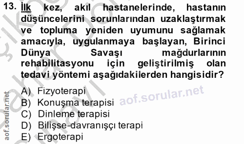 13. soru: ilk kez, akil hastanelerinde, hastanın düşüncelerini sorunlarından uzaklaştırmak ve topluma yeniden uyumunu sağlamak…