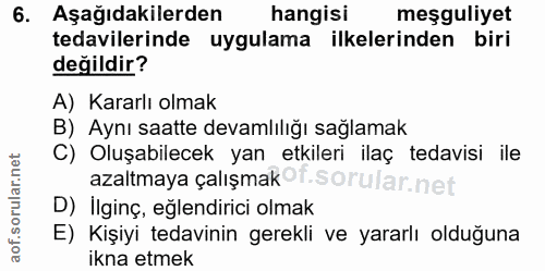 6. soru: Aşağıdakilerden hangisi meşguliyet tedavilerinde uygulama ilkelerinden biri değildir? A) Kararlı olmak B) Aynı saatte…