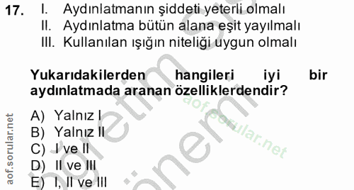 17. soru: I. Aydınlatmanın şiddeti yeterli olmalı Il. Aydınlatma bütün alana eşit yayılmalı III. Kullanılan ışığın niteliği uyg…