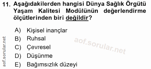 11. soru: Aşağıdakilerden hangisi Dünya Sağlık Örgütü Yaşam Kalitesi Modülünün değerlendirme ölçütlerinden biri değildir? A) Ki…