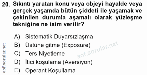 20. soru: Sıkıntı yaratan konu veya objeyi hayalde veya gerçek yaşamda bütün şiddeti ile yaşamak ve çekinilen durumla aşamalı o…