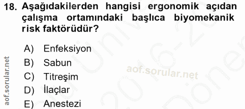 18. soru: Aşağıdakilerden hangisi ergonomik açıdan çalışma ortamındaki başlıca biyomekanik risk faktörüdür? A) Enfeksiyon B) |…