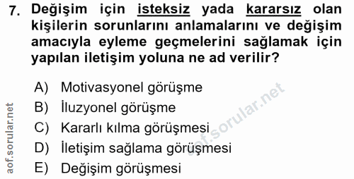 7. soru: Değişim için isteksiz yada kararsız olan kişilerin sorunlarını anlamalarını ve değişim amacıyla eyleme geçmelerini sa…
