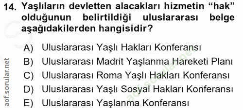 14. soru: Yaşlıların devletten alacakları hizmetin "hak" olduğunun belirtildiği uluslararası belge aşağıdakilerden hangisidir?…