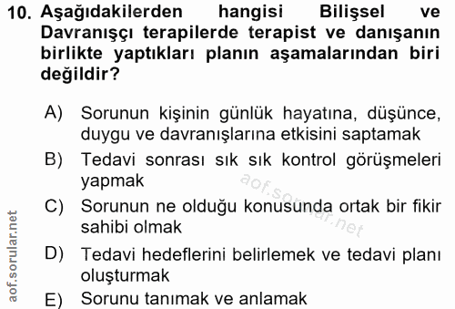 10. soru: Aşağıdakilerden hangisi Bilişsel ve Davranışçı terapilerde terapist ve danışanın birlikte yaptıkları planın aşamaları…