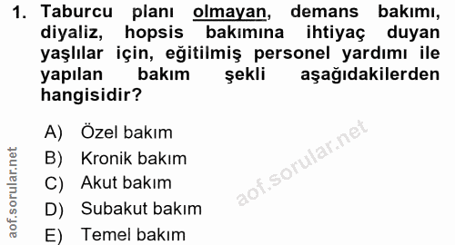 1. soru: Taburcu planı olmayan, demans bakımı, diyaliz, hopsis bakımına ihtiyaç duyan yaşlılar için, eğitilmiş personel yardım…