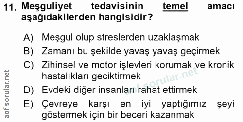 11. soru: Meşguliyet tedavisinin temel amacı aşağıdakilerden hangisidir? A) Meşgul olup streslerden uzaklaşmak B) Zamanı bu şek…