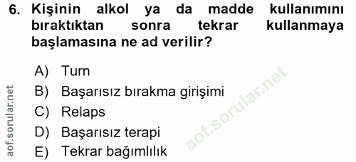 6. soru: Kişinin alkol ya da madde kullanımını bıraktıktan sonra tekrar kullanmaya başlamasına ne ad verilir? A) Turn lar.net…