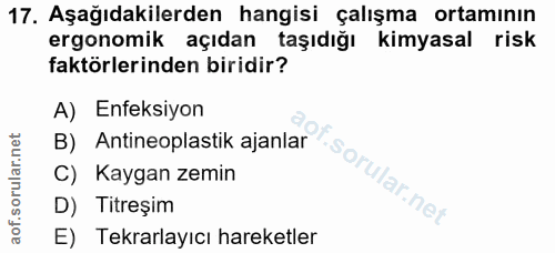 17. soru: Aşağıdakilerden hangisi çalışma ortamının ergonomik açıdan taşıdığı kimyasal risk faktörlerinden biridir? A) Enfeksiy…