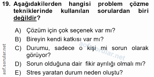 19. soru: Aşağıdakilerden hangisi problem çözme tekniklerinde kullanılan sorulardan biri değildir? A) Çözüm için çok seçenek va…