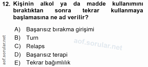 12. soru: Kişinin alkol ya da madde kullanımını bıraktıktan sonra tekrar kullanmaya başlamasına ne ad verilir? A) Başarısız bır…