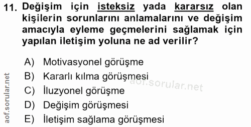 11. soru: Değişim için isteksiz yada kararsız olan kişilerin sorunlarını anlamalarını ve değişim amacıyla eyleme geçmelerini sa…