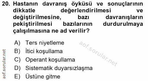 20. soru: Hastanın davranış öyküsü ve sonuçlarının dikkatle değerlendirilmesi ve değiştirilmesine, bazı davranışların pekiştiri…