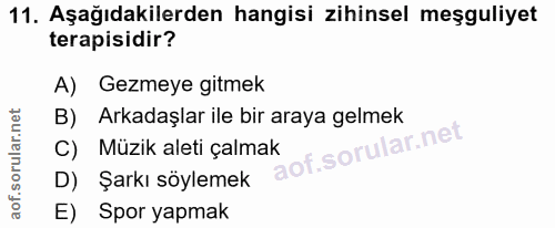 11. soru: Aşağıdakilerden hangisi zihinsel meşguliyet terapisidir? A) Gezmeye gitmek B) Arkadaşlar ile bir araya gelmek C) Müzi…