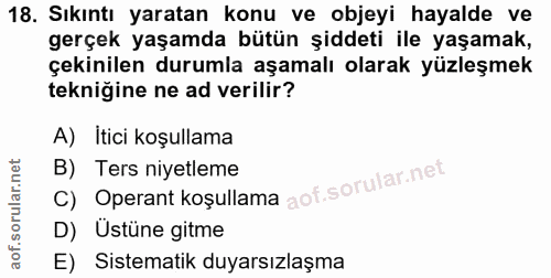 18. soru: Sıkıntı yaratan konu ve objeyi hayalde ve gerçek yaşamda bütün şiddeti ile yaşamak, çekinilen durumla aşamalı olarak…