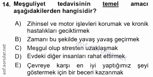 14. soru: Meşguliyet tedavisinin temel amacı aşağıdakilerden hangisidir? A) Zihinsel ve motor işlevleri korumak ve kronik hasta…