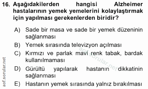 16. soru: Aşağıdakilerden hangisi Alzheimer hastalarının yemek yemelerini kolaylaştırmak için yapılması gerekenlerden biridir?…
