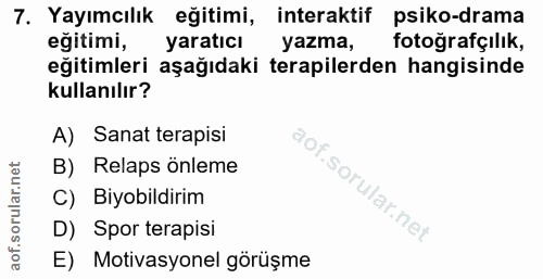 7. soru: Yayımcılık eğitimi, interaktif psiko-drama eğitimi, yaratıcı yazma, fotoğrafçılık, eğitimleri aşağıdaki terapilerden…