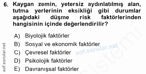 6. soru: Kaygan zemin, yetersiz aydınlatılmış alan, tutma yerlerinin eksikliği gibi durumlar aşağıdaki düşme risk faktörlerind…