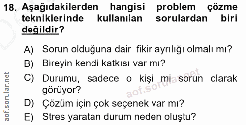 18. soru: Aşağıdakilerden hangisi problem çözme tekniklerinde kullanılan sorulardan biri değildir? A) Sorun olduğuna dair fikir…