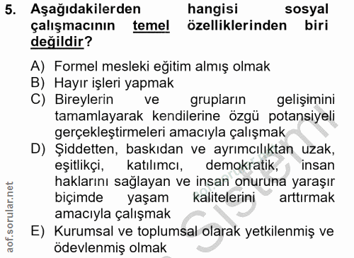 5. soru: Aşağıdakilerden hangisi sosyal çalışmacının temel özelliklerinden biri değildir? A) Formel mesleki eğitim almış olmak…