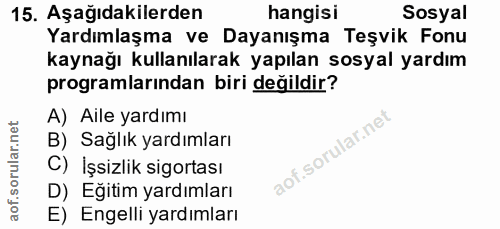 15. soru: Aşağıdakilerden hangisi Sosyal Yardımlaşma ve Dayanışma Teşvik Fonu kaynağı kullanılarak yapılan sosyal yardım progra…