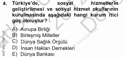 4. soru: Türkiye'de, sosyal hizmetlerin geliştirilmesi ve sosyal hizmet okullarının kurulmasında aşağıdaki hangi kurum itici g…