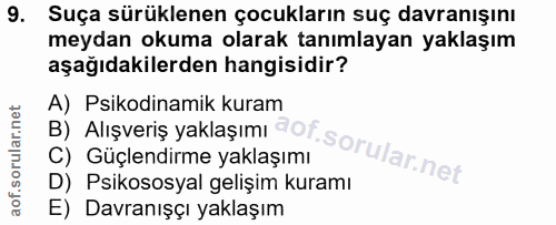 9. soru: Suça sürüklenen çocukların suç davranışını meydan okuma olarak tanımlayan yaklaşım aşağıdakilerden hangisidir? B) Alı…