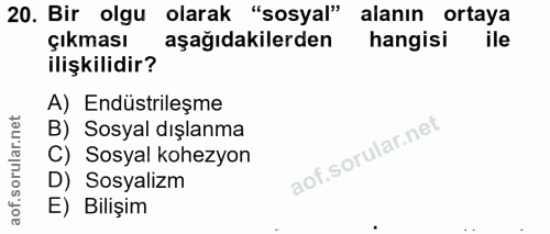 20. soru: Bir olgu olarak "sosyal" alanın ortaya çıkması aşağıdakilerden hangisi ile ilişkilidir? A) Endüstrileşme B) Sosyal dı…