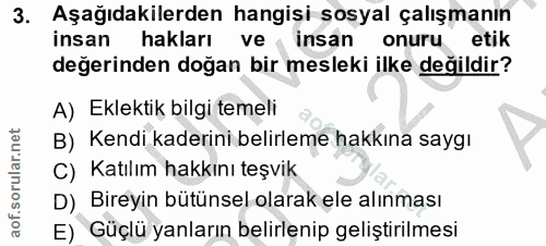 3. soru: Aşağıdakilerden hangisi sosyal çalışmanın insan hakları ve ‹ insan onuru etik değerinden doğan bir mesleki ilke değil…