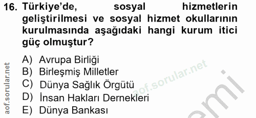 16. soru: Türkiye'de, sosyal hizmetlerin geliştirilmesi ve sosyal hizmet okullarının kurulmasında aşağıdaki hangi kurum itici g…