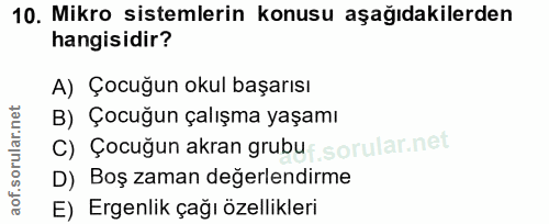 10. soru: Mikro sistemlerin konusu aşağıdakilerden hangisidir? A) Çocuğun okul başarısı B) Çocuğun çalışma yaşamı C) Çocuğun ak…