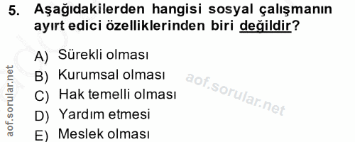 5. soru: Aşağıdakilerden hangisi sosyal çalışmanın ayırt edici özelliklerinden biri değildir? A) Sürekli olması B) Kurumsal ol…