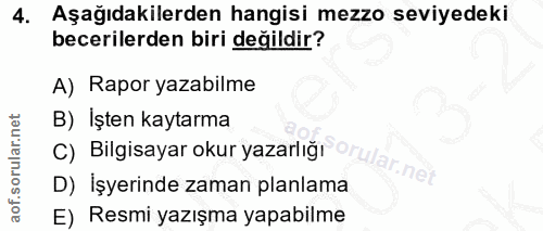 4. soru: Aşağıdakilerden hangisi mezzo seviyedeki becerilerden biri değildir? A) Rapor yazabilme B) İşten kaytarma C) Bilgisay…