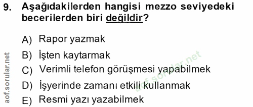 9. soru: Aşağıdakilerden hangisi mezzo seviyedeki becerilerden biri değildir? A) Rapor yazmak B) İşten kaytarmak C) Verimli te…