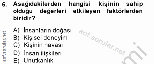 6. soru: Aşağıdakilerden| hangisi kişinin sahip olduğu değerleri etkileyen faktörlerden biridir? A) Insanların doğası B) Kişis…