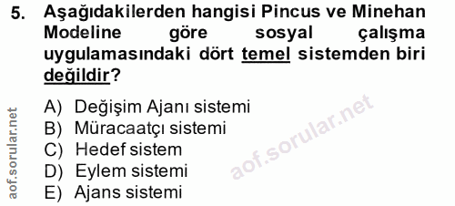 5. soru: Aşağıdakilerden hangisi Pincus ve Minehan Modeline gore sosyal çalışma uygulamasındaki dört temel sistemden biri deği…