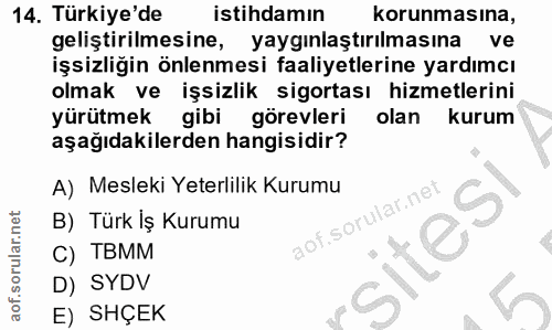 14. soru: Türkiye'de istihdamın korunmasına, geliştirilmesine, yaygınlaştırılmasına ve işsizliğin önlenmesi faaliyetlerine yard…