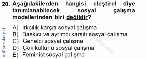 20. soru: Aşağıdakilerden hangisi eleştirel diye tanımlanabilecek sosyal çalışma modellerinden biri değildir? A) Irkçılık karşı…