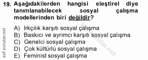 19. soru: Aşağıdakilerden hangisi eleştirel diye tanımlanabilecek sosyal çalışma modellerinden biri değildir? A) Irkçılık karşı…