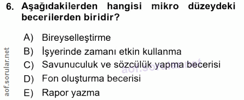 6. soru: Aşağıdakilerden hangisi mikro düzeydeki becerilerden biridir? A) Bireyselleştirme B) Işyerinde zamanı etkin kullanma…