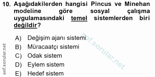 10. soru: Aşağıdakilerden hangisi Pincus ve Minehan modeline göre sosyal çalışma uygulamasındaki temel ( sistemlerden biri deği…