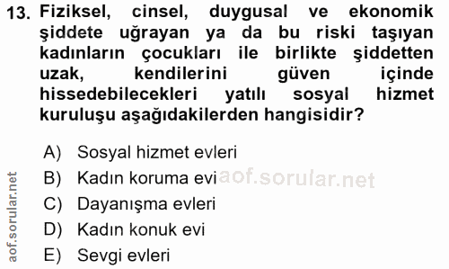 13. soru: Fiziksel, cinsel, duygusal ve ekonomik şiddete uğrayan ya da bu riski taşıyan kadınların çocukları ile birlikte şidde…