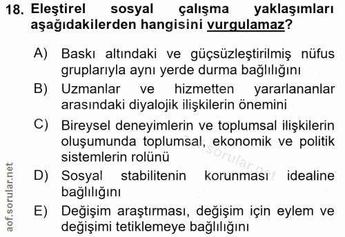 18. soru: Eleştirel sosyal çalışma yaklaşımları aşağıdakilerden hangisini vurgulamaz? A) Baskı altındaki ve güçsüzleştirilmiş n…