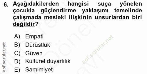 6. soru: Aşağıdakilerden hangisi suça yönelen çocukla güçlendirme yaklaşımı temelinde çalışmada mesleki ilişkinin unsurlardan…